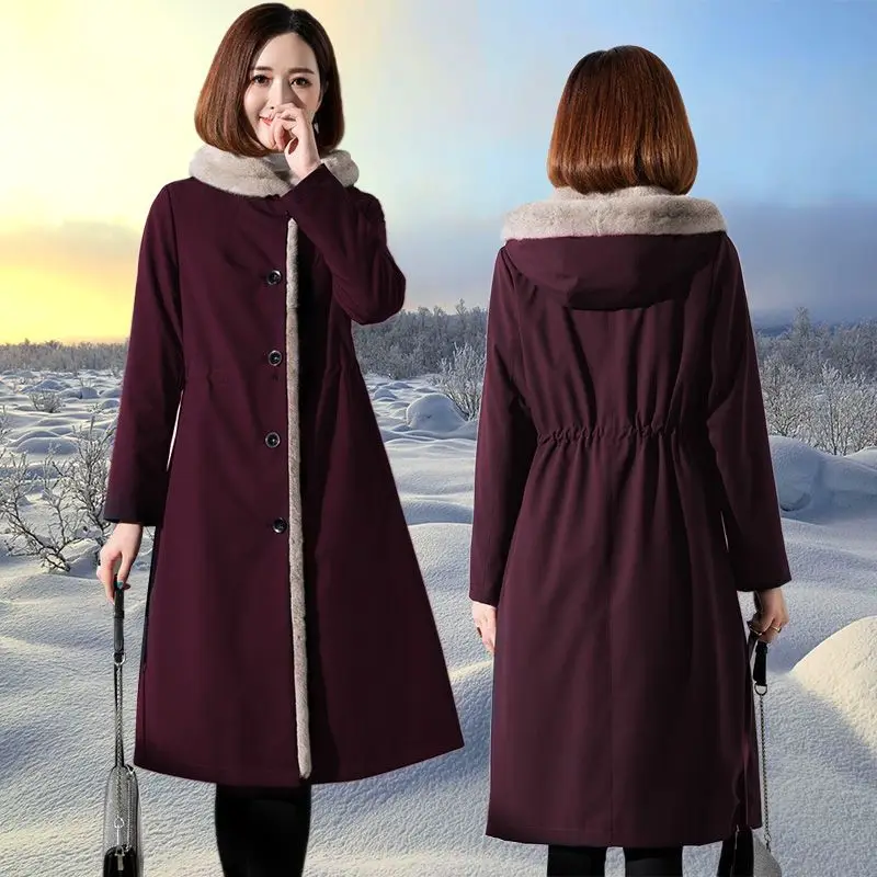 2024 Autumn Winter New Snow Parkas 4XL Women\'s Long Coat Korean Loose Faux Mink Fur liner Faux fur Jacket Warm Hooded Overcoat