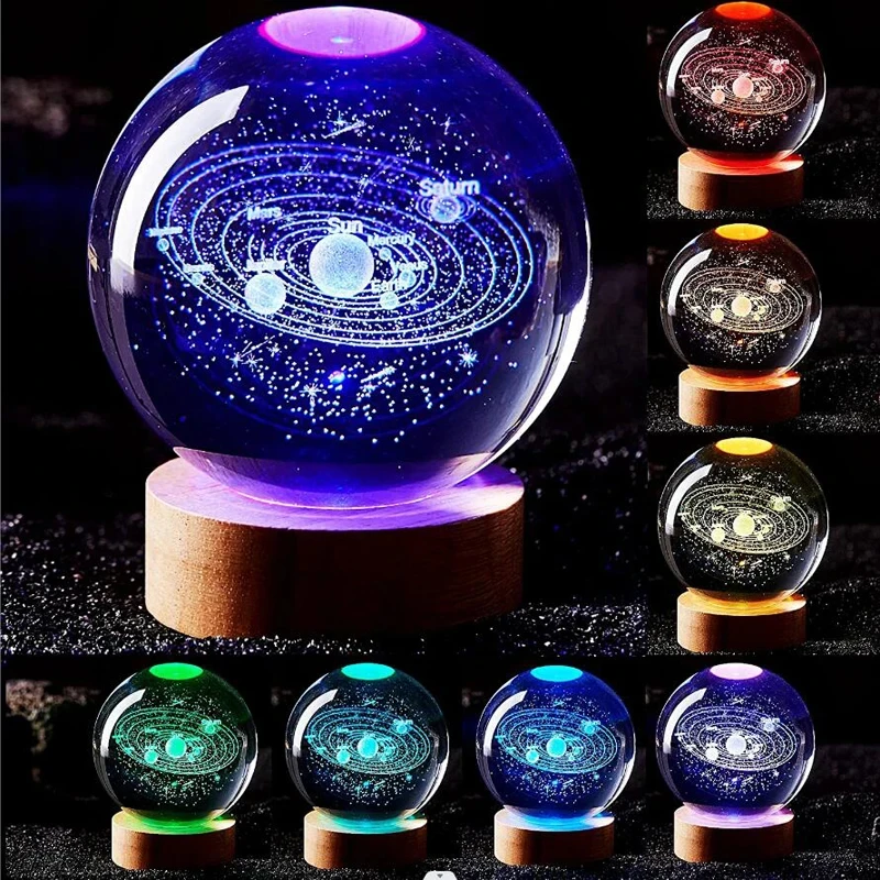 3D LED Sistema Solar Laser Carving Crystal Ball Night Light, presente de aniversário para namorada, colegas e crianças