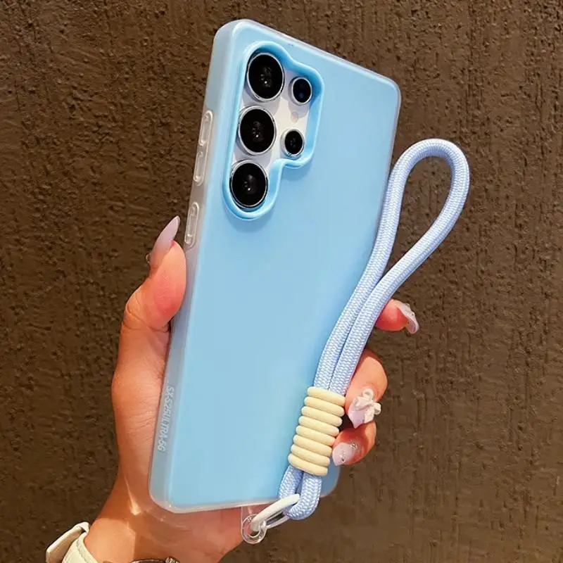 3 em 1 com alça de pulso geléia doce cor caso de telefone para samsung galaxy s25 ultra s24 s23 s22 plus fe fosco sólido cordão capa