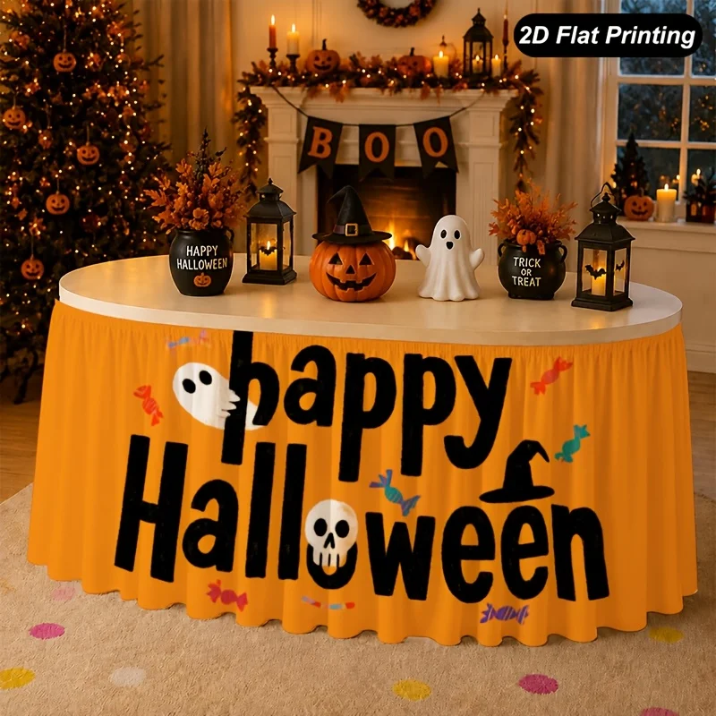 1 2D flat Halloween tablecloth, bold and happy Halloween table skirt, perfect for home kitchen decorations