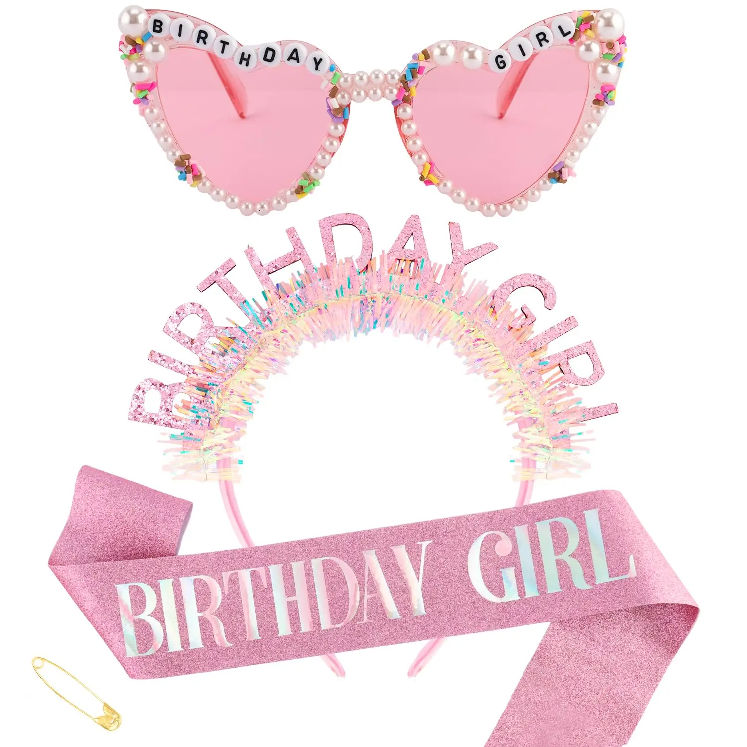 

Birthday Girl Headband Sash Sunglasses Set,Pink Birthday Accessories Glitter Birthday Crown&Sash Gift for Party Decorations