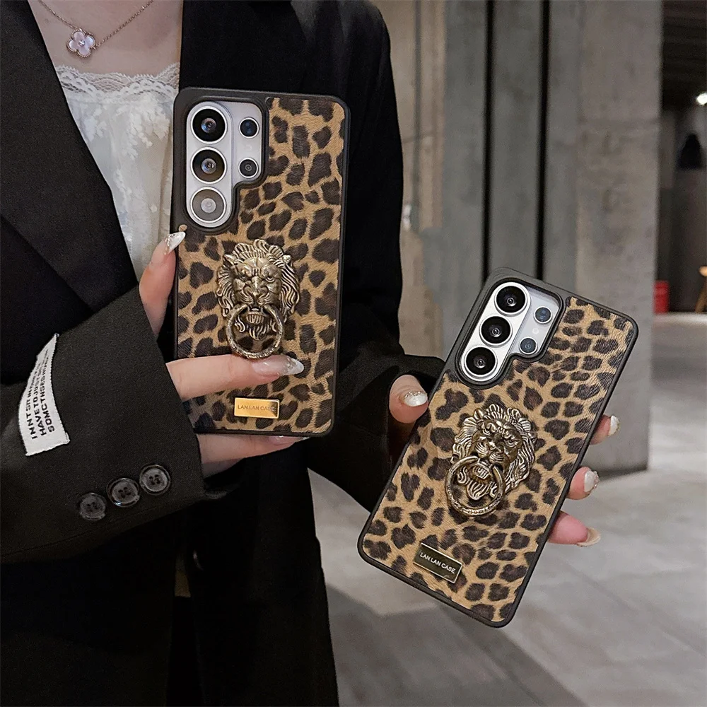

Luxury 3D Metal Lion Fashion Leather Phone Case for Samsung Galaxy S26 Ultra S23 S25 Plus S24 Cover with Ring Shockproof Fundas