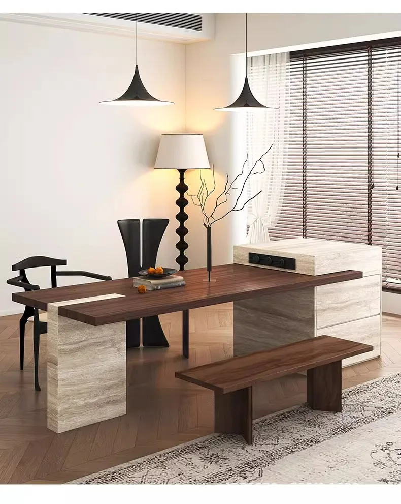 

Rock slab island dining table integrated retractable household small multi-functional travertine rock slab guide table