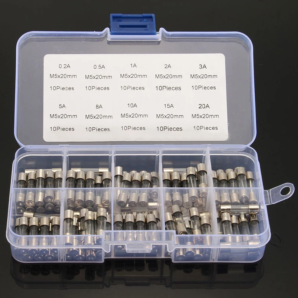 

100pcs 10 Values Fast-Blow Glass Fuses Assorted Kit Tube Fuse 0.2A 0.5A 1A 2A 3A 5A 8A 10A 15A 20A 20Mm Auto