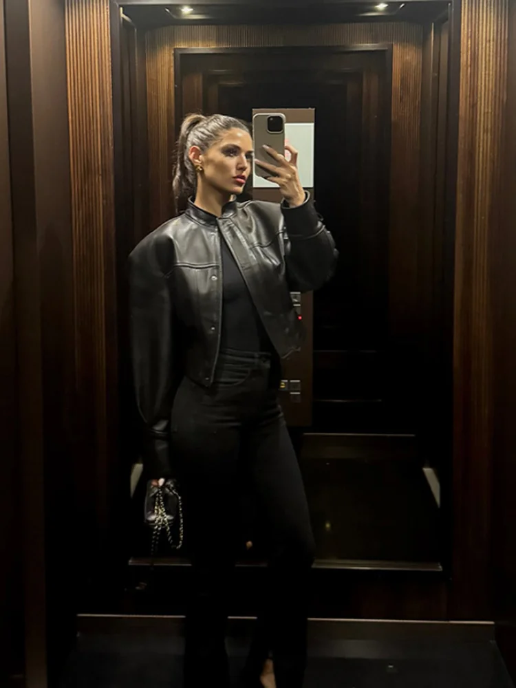 สลิมฟิตเสื้อหนังผู้หญิงคลาสสิกโมโตไบค์เกอร์ PU เสื้อหนังฤดูใบไม้ผลิฤดูใบไม้ร่วงซิปพื้นฐานเสื้อแจ๊กเก็ต