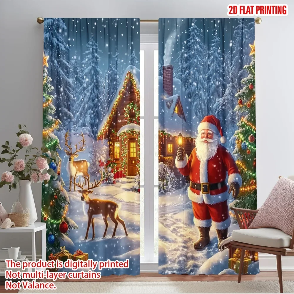 

2pcs,2D plane printing Print Curtains Santa Claus With Reindeer Christmas Polyester Easy Install (without rod) Outdoor