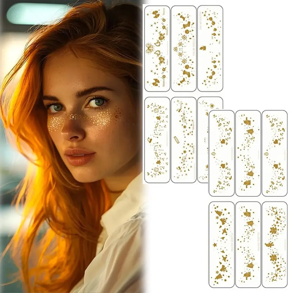 

6 листов блестящие веснушки татуировки для лица цвета: золотистый, серебристый, рождественские стили, патчи для макияжа лица, милые аксессуары для макияжа, наклейки с веснушками