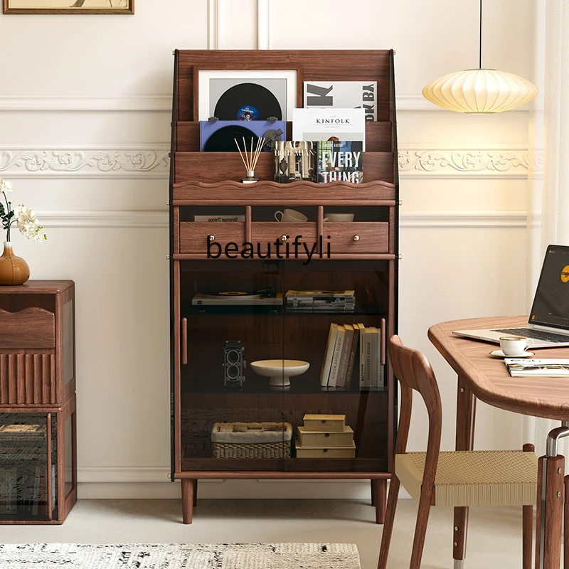 خزانة مجلة من الخشب الصلب من خشب الجوز الأسود لغرفة المعيشة وغرفة الطعام وخزانة جانبية متوسطة عتيقة #3