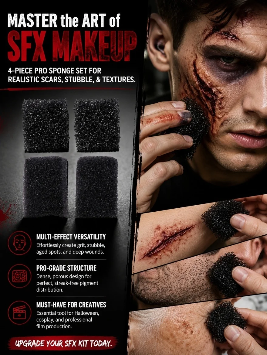 4Pcs Black Scar & Wound Sponge for Special Effect Makeup – Halloween Blood FX, Professional Prosthetic Supply