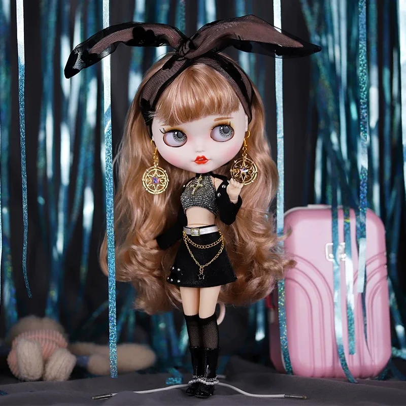 ICY DBS Blyth دمية الملبس الأسود ملهى ليلي الملكة قمة الموضة + تنورة + خوذة + طقم من الحلقان ل BJD OB24 Azone دمية لتقوم بها بنفسك فستان