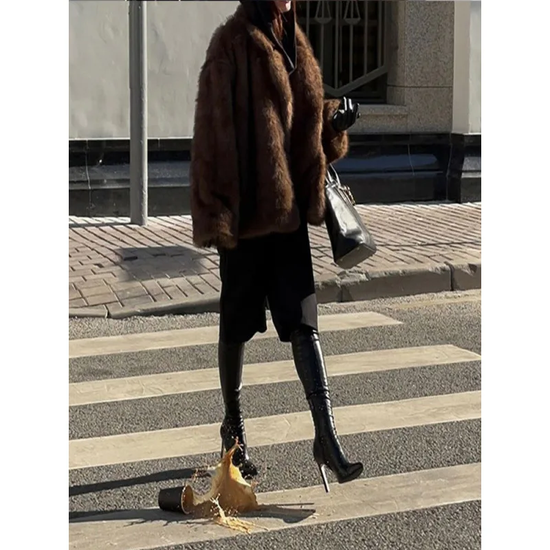 Women Fluffy Jacket Winter Clothes Short Faux-Fox Fur Coats Korea Lapel Casual Coffee Outwear Female Thick Warm Plush Overcoat view 3