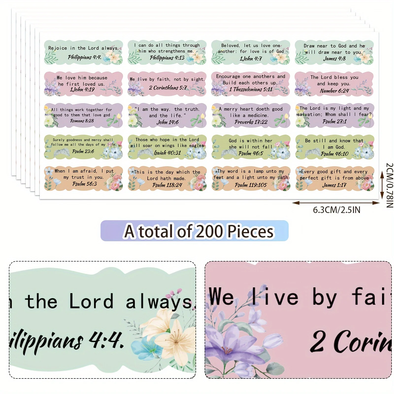 200pcs Inspirational Stickers Colorful Flowers Verse Stickers Planner Religious Stickers Vase Laptop Screen Labels.