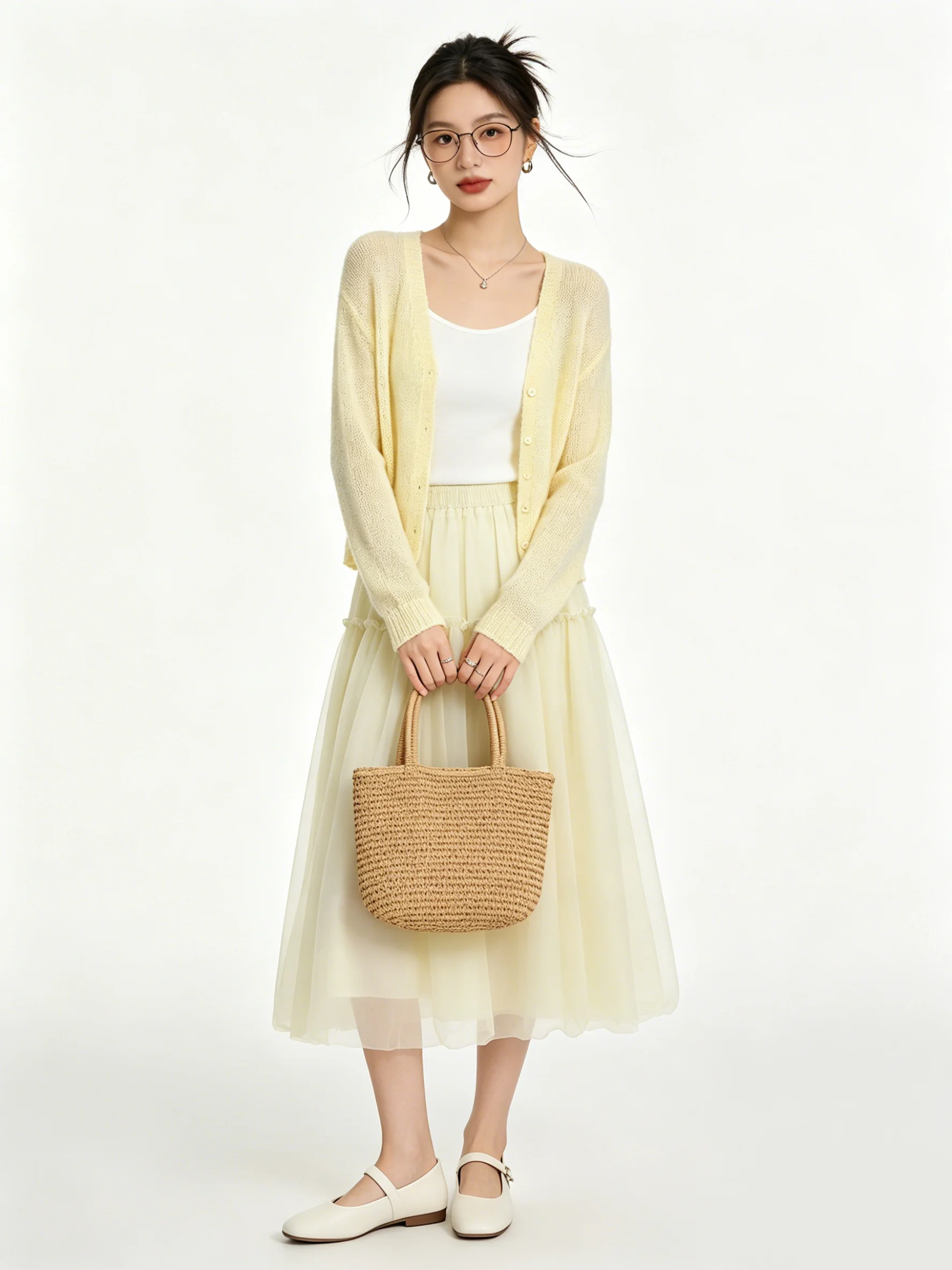 Summer Gentle Wind High Waist A-Line Midi Skirt Women's Fluffy Pleated Skirt Elastic Waist Anti-Aging Daily Wear Korean Style