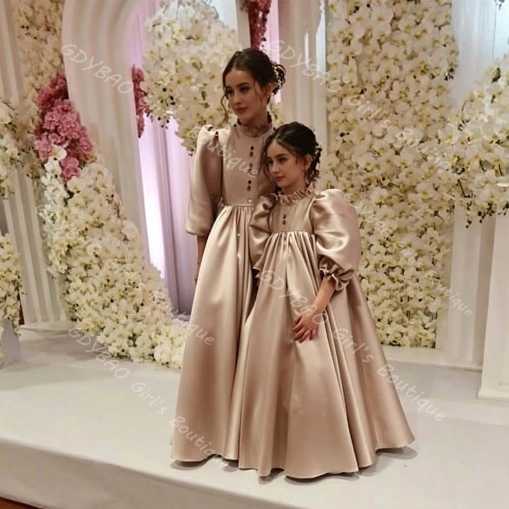 

Vintage First Communion Dress for Girls High Waist Balloon Sleeve Ball Gown Long Satin Pleated Wedding Flower Girl Dress Custom