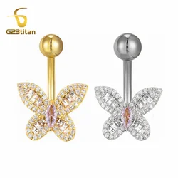 Bright CZ Zircon Butterfly Belly Rings 14G 6-16mm Anti Allergic Titanium Bar Navel Earring Women Sexy Jewelry Ombligo Piercing