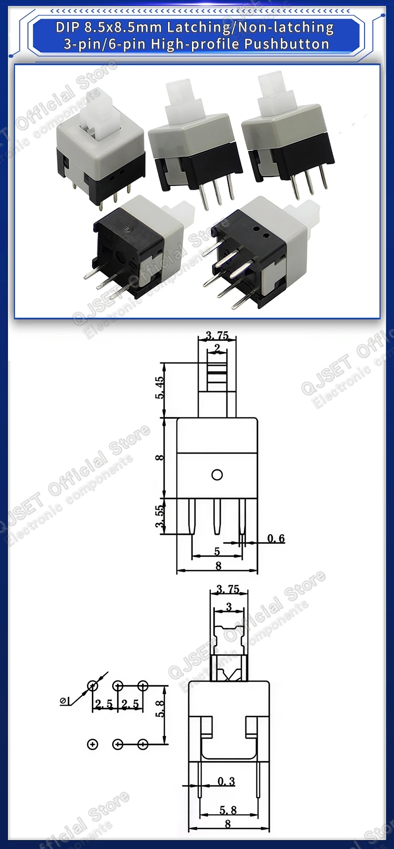 10 Stück 5,8x5,8 7x7 8x8 8,5x8,5mm Selbstverriegelnde/Nicht-verriegelnde Reset-/Multimeter-Taster, Taktiler Mikroschalter, 3/6-Pin Drucktastenschalter – Detail 8