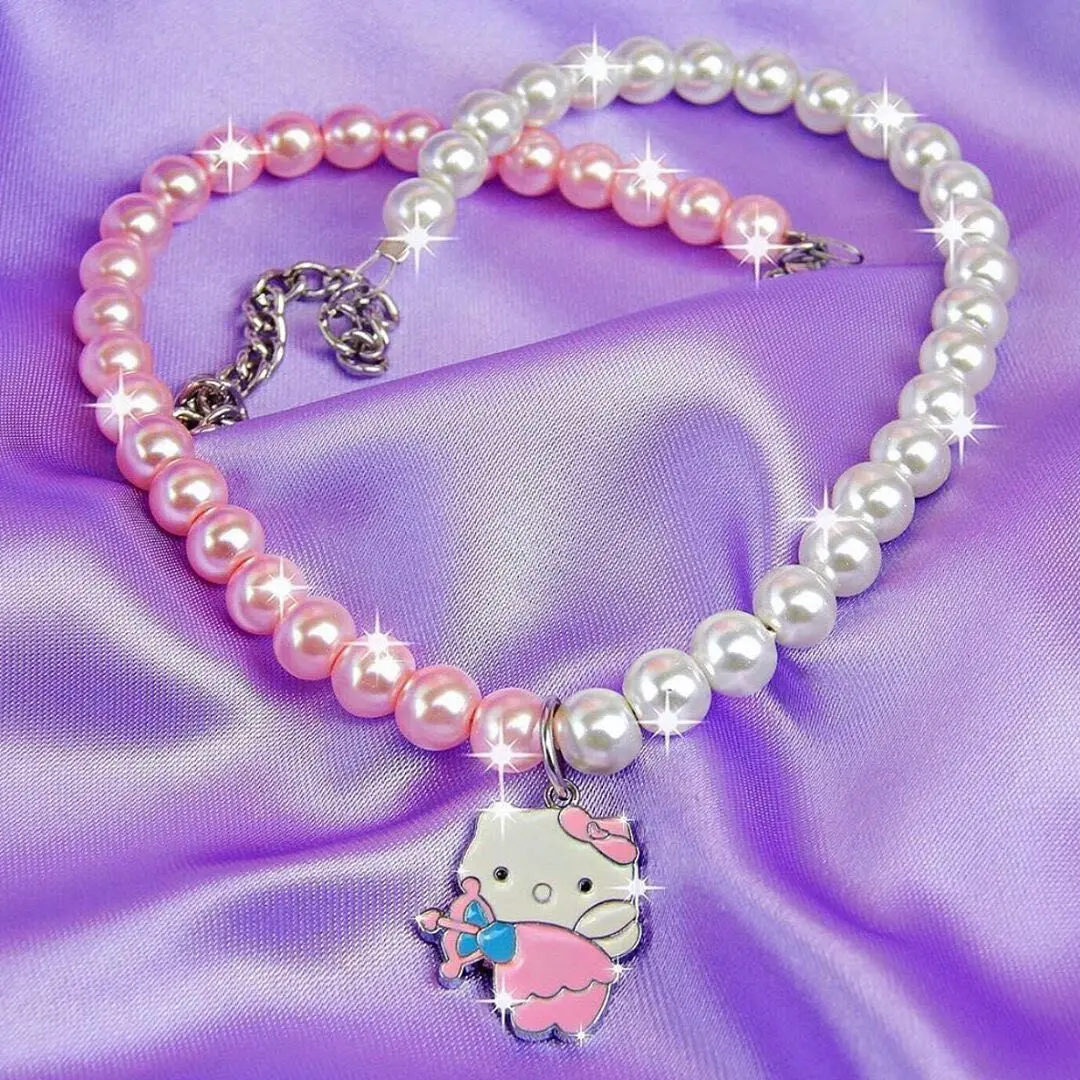 TAKARA TOMY Children's Hello Kitty Sweet and Cute Princess Pearl Necklace Girl Lolita Pink and White High Sense Jewelry Necklace