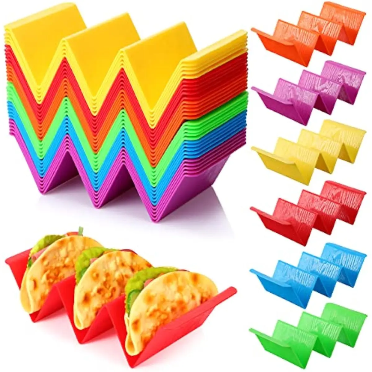 60-Piece Triangular Plastic Taco Supports in Six Vibrant Hues — Purple Green Orange Red Yellow Blue — Each Set Includes Twelve U