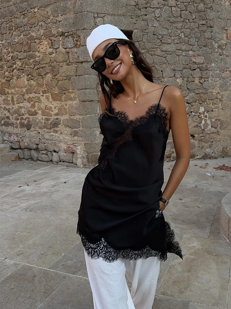 

HH Woman Summer Sexy Sleeveless Backless Chic Slim Beach Party Dress Women Fashion Elegant Asymmetry Lace Decorate Dress