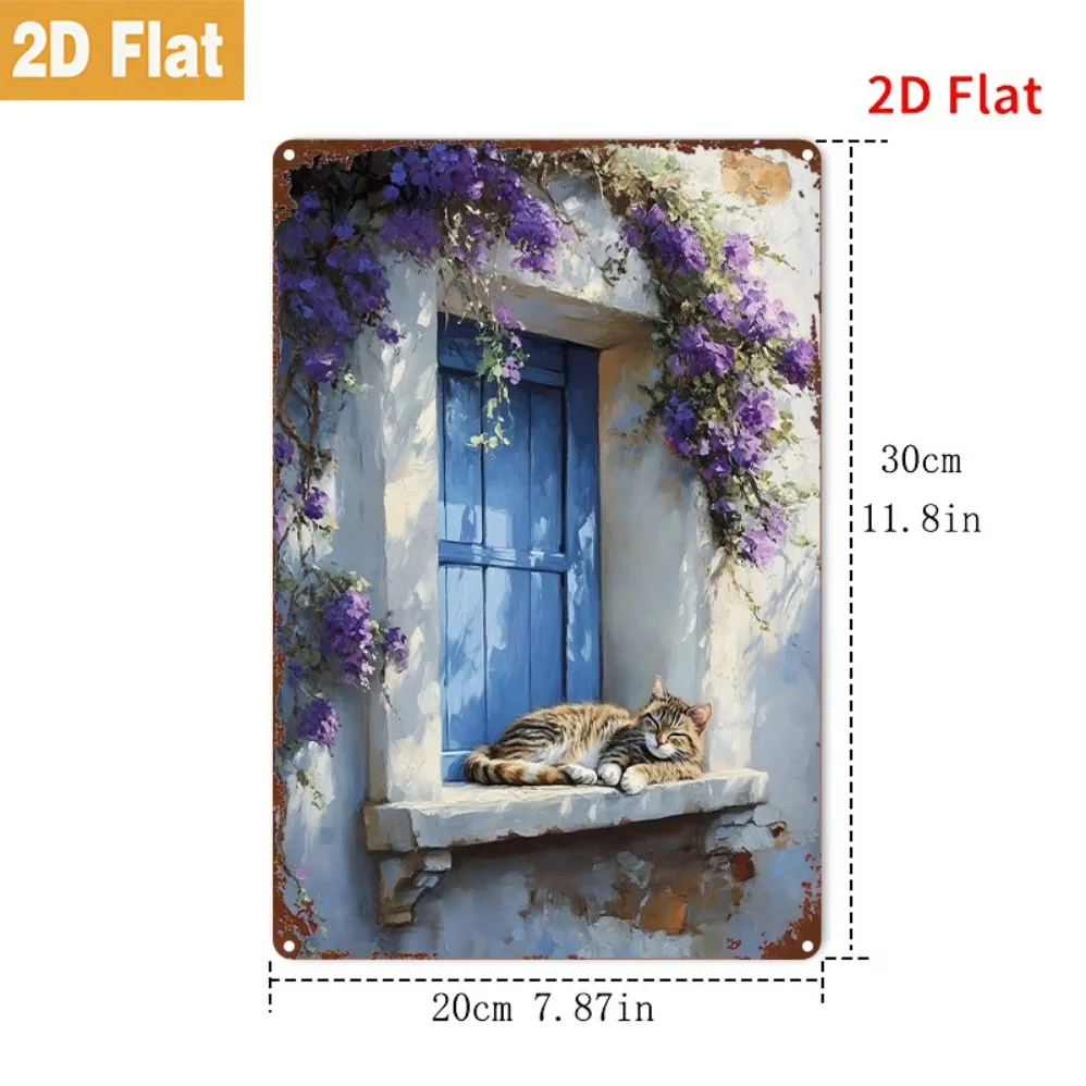 Vintage Metal Tin Sign, Tabby Cat Sleeping On Window Sill With Purple Bougainvillea Wall Decor For Home Garden