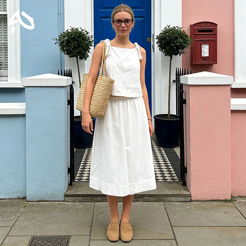 

Original Cotton Linen Summer Women's Set Solid Color Sleeveless Strap U-neck Top+Elastic Waist Skirt 2-Piece Casual Outfit Suit