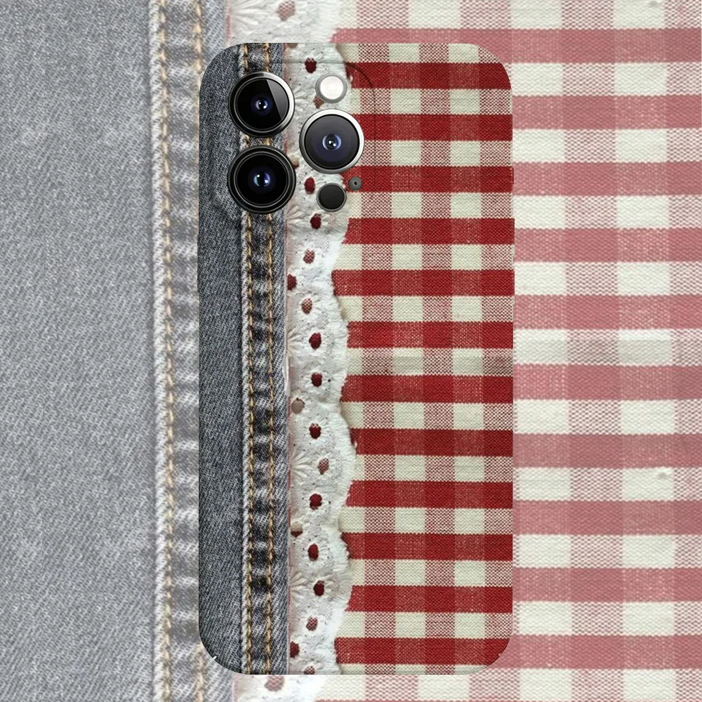 Denim Gingham Glossy Film Hard Phone Case for Samsung Galaxy A37 A57 A17 A07 A16 A56 A26 A36 A06 A55 A35 A15 A54 A05 A14 4G 5G