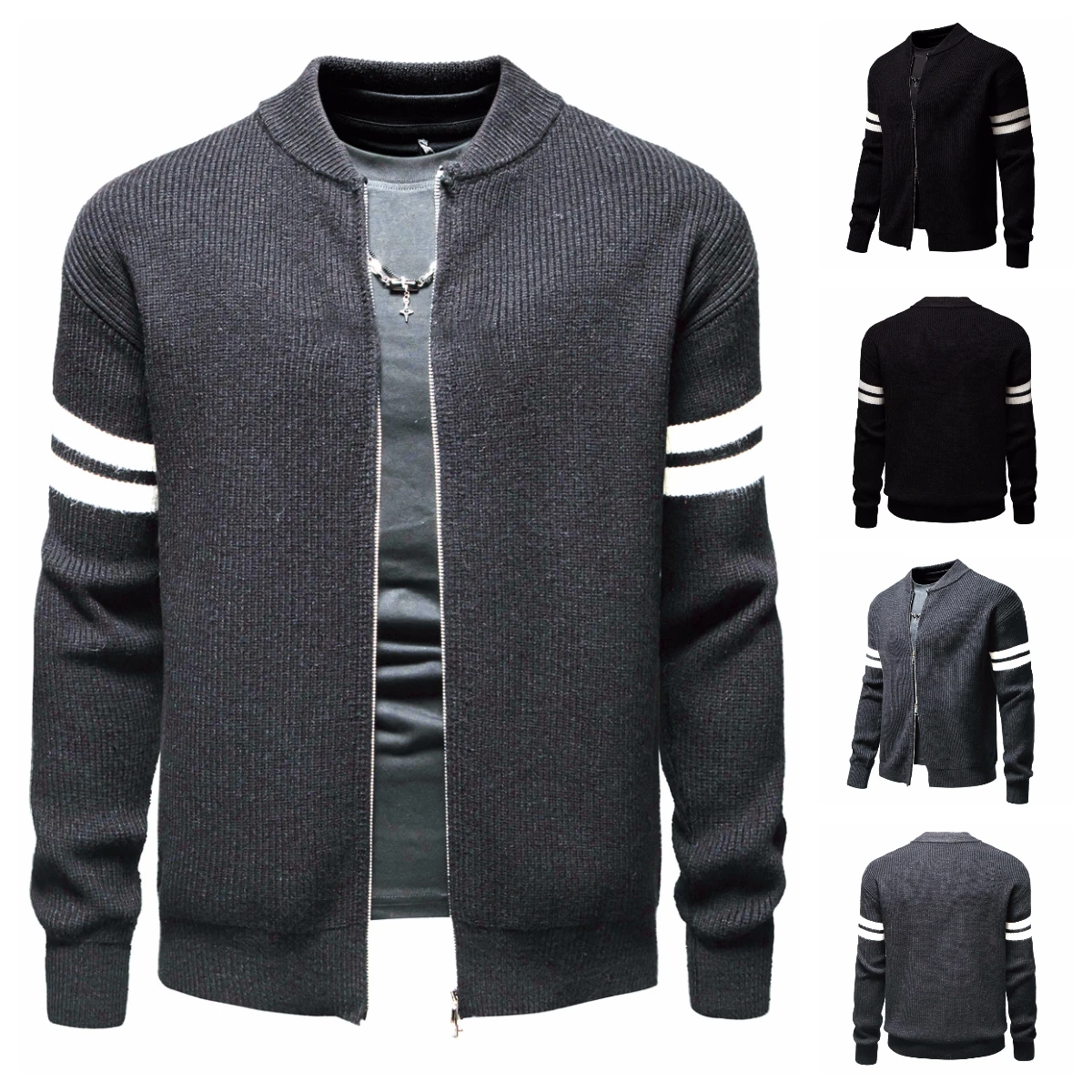 The New Men's Fashion and Comfortable Horizontal Stripes Jacket Zipper Coat Round Neck Long Sleeve Cultivate One's Morality