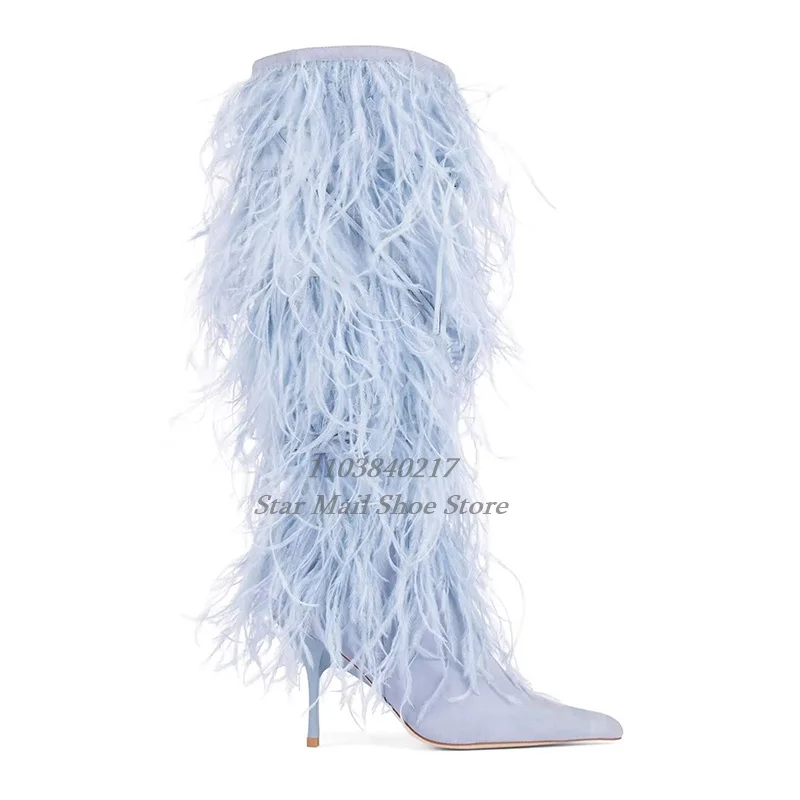 

Ostrich Feather Boots Pointed Toe Stiletto Knee-High Boots Fashionable Catwalk Boots Sexy Walking Shoes Autumn and Winter