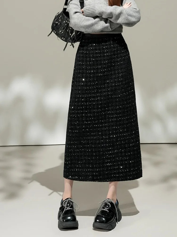 

Новая осенне-зимняя маленькая ароматная юбка с разрезом и блестками для женщин, утягивающая трапециевидная прямая шерстяная юбка средней длины с высокой талией
