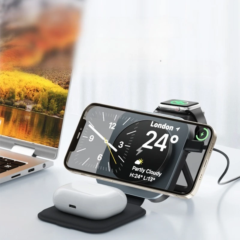 

Foldable Magnetic Wireless Charger Stand for Magsafe IPhone 15 14 13 12 Apple Watch 8 7 Airpods Pro 3 in 1 Fast Charging Station