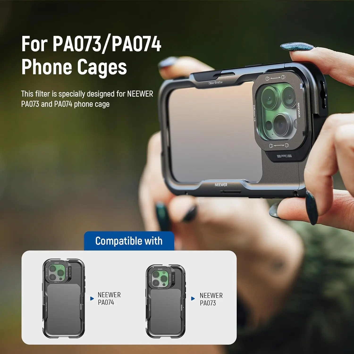 NEEWER 1/4 Black Diffusion /ND8/ND16/ND84 Filter Lensa Ponsel, Filter Kabut Lepas Cepat Untuk iPhone 16 Pro /Pro Max Phone Cage