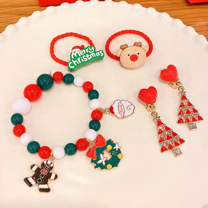 5 Pcs Kids Bracelet Ring Earring Set Santa Elk Girls Gift Holiday Party Ring Ear Clip Childrens Jewelry