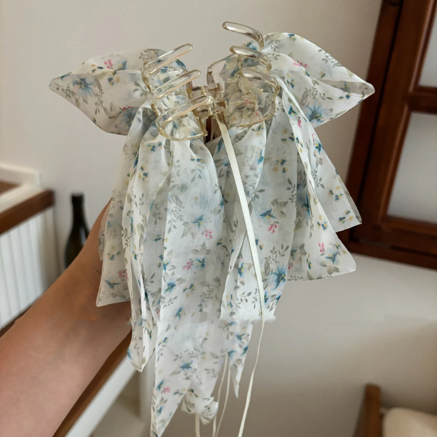 1 Stück französische Chiffon-Haarspange mit Blumenmuster, sanft und elegant, halbgebundene Haarspange, Haarspange für den oberen Teil, Haarspange für Pferdeschwanz, Haar-Accessoire – Detail 5