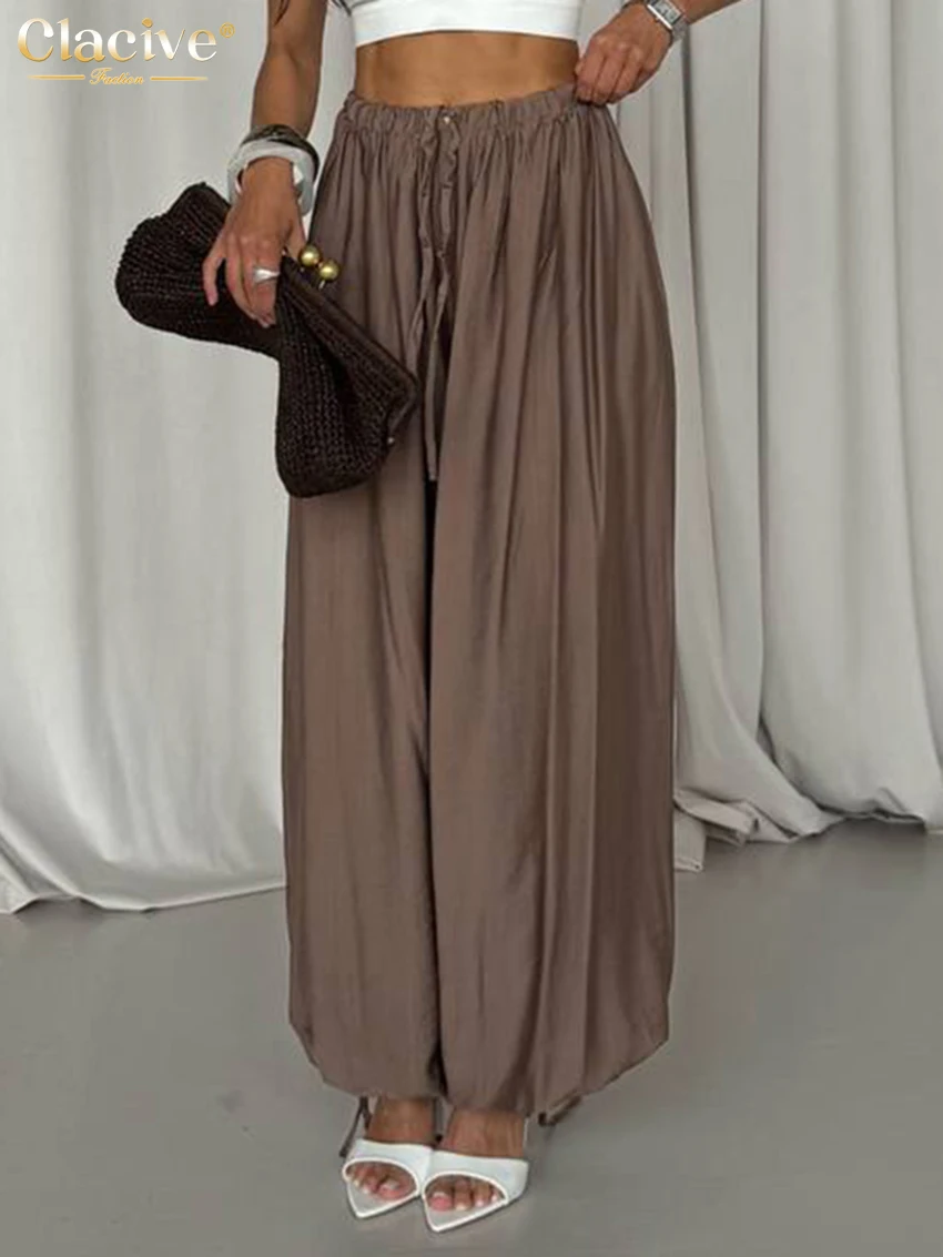 

Clacive Fashion Loose Brown Women's Pants 2025 Casual High Waist Wide Leg Trousers Elegant Classic Solid Pants Female Clothing