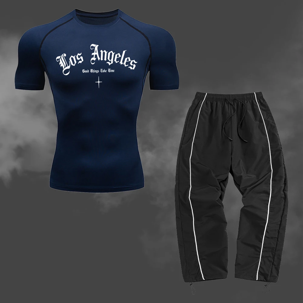 Men's Printed Compression T-Shirt And Pants 2 Piece Set Quick Drying Fitness Training Running Sportswear With Phone Pocket