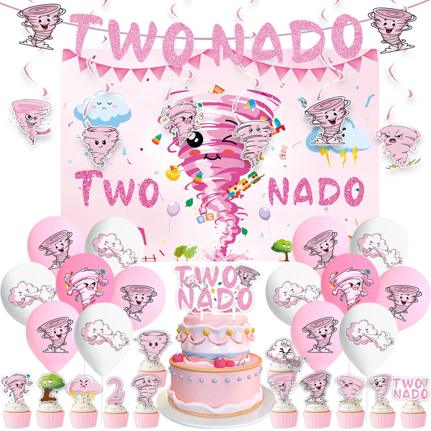 Two Nado Tornado Confetti Tableware Plates Napkins Cups Girls Pink  Four Nado Backdrop Banner Cake Topper for Girl 2 Year Old