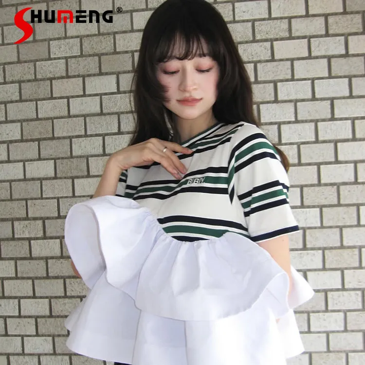 

Летняя футболка 2026 в японском стиле с оборками, в стиле пэчворк, в полоску, с коротким рукавом, свободная, повседневная, с вышивкой-надписью, для девочек