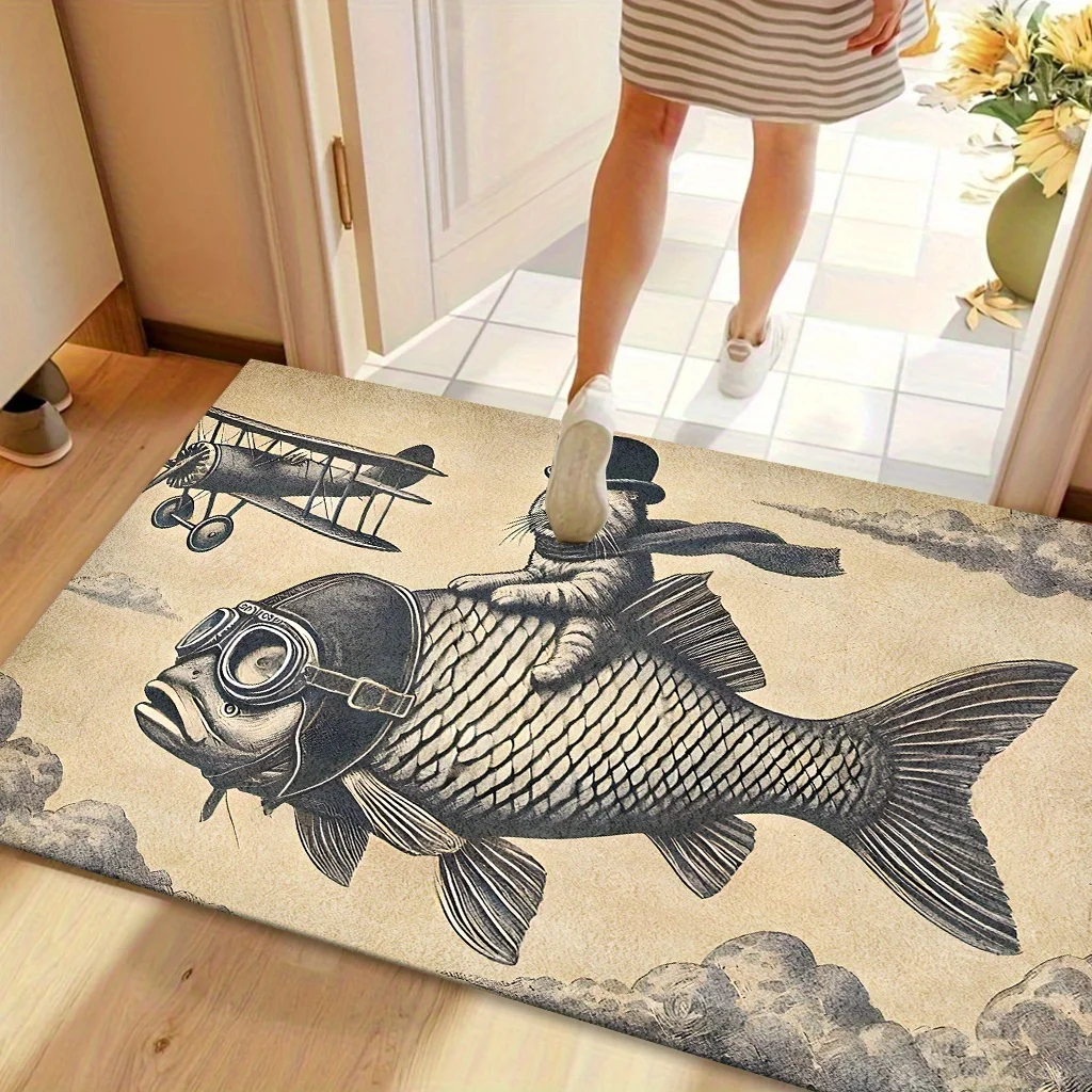 Fashion Abstract Nautical Multicolor Striped Fish Themed Rug Modern Rug For Indoor Porch Winter Season House Home Ornament