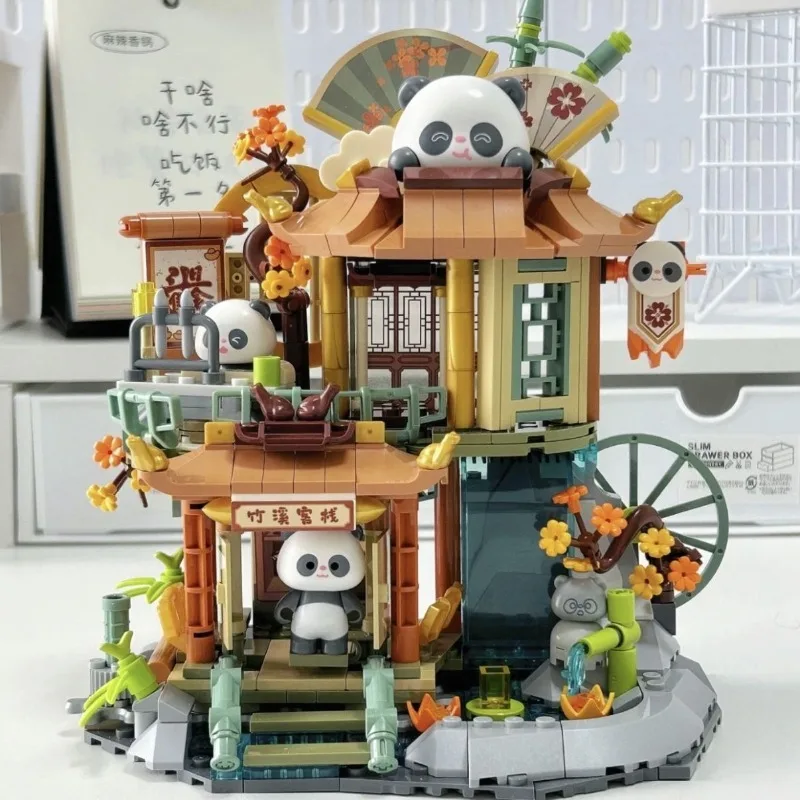 JAKI Building Blocks Panda Bamboo Creek Inn Street View Small Particle Assembly Boy Girl  Toy Model Ornament Festival Gift