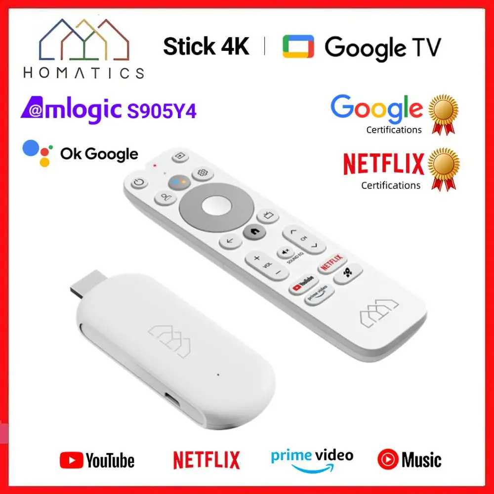 Netflix Google Certified Amlogic S905Y4 Google TV 12.0 Box HOMATICS 4K TV Stick H.265 2T2R Wifi Support Dolby Atmos AV1 2GB 32GB