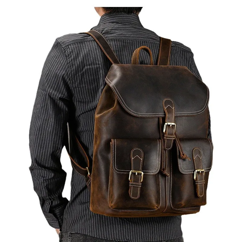 Large Capacity Vintage Crazy Horse Leather Backpack, Men Fashion Genuine Cowhide Travel School Bag Fits 15 Inch Laptop Rucksack