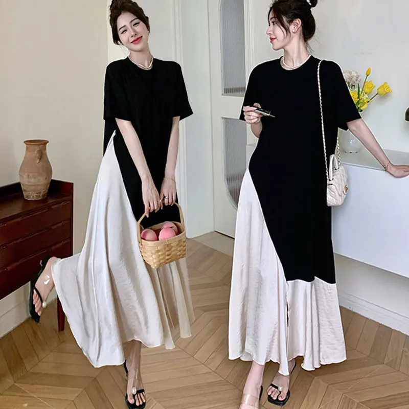 Summer plus Size Women's Dress Slimming T-Shirt Long Dress Acetate Satin Color Block Belly Covering Fairy Tale Style Dresses