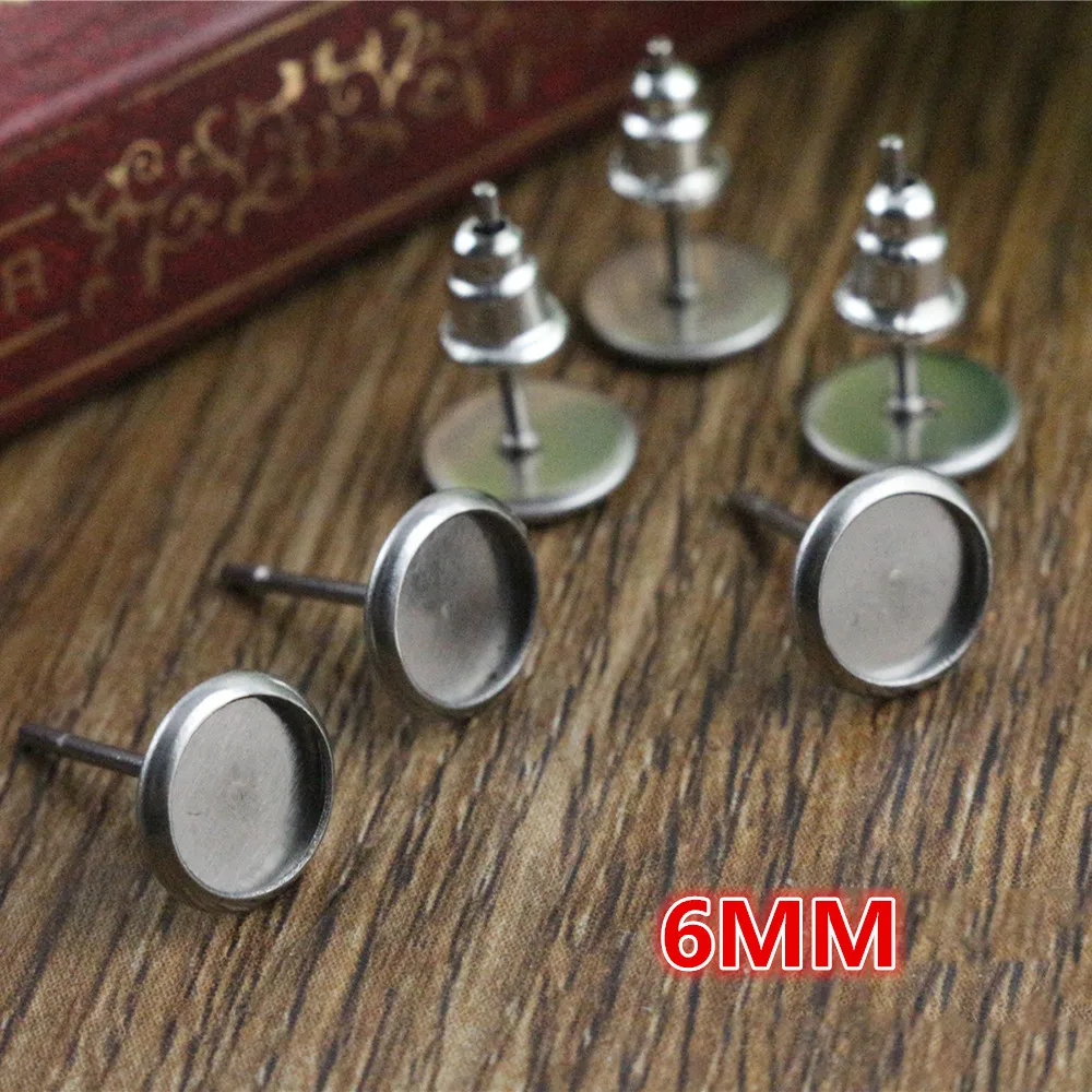 6mm 20 sztuk/partia (nigdy nie znikną) 316 ze stali nierdzewnej kolczyk baza szpilki ustawienia Cameo Cabochon baza taca puste (z tyłu)-L2-46