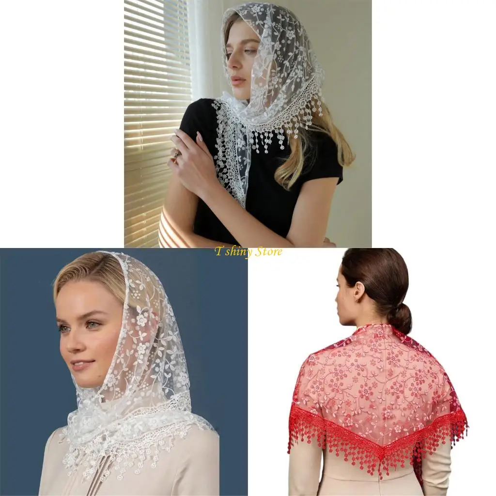 

N58F Seethrough Lace Flower Head Scarf Triangle Headwrap Bandanas for Women Daily and Casual Wear Music Festival Headpiece