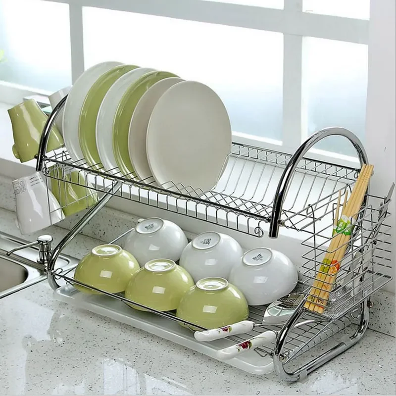 

Large Dish Drying Rack Cup Drainer 2-Tier Strainer Holder Tray Stainless Steel Kitchen Accessories J2Y