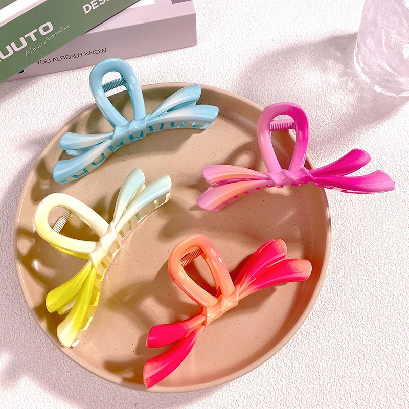 女性用プラスチックバタフライヘアクリップ,グラデーションカラー,リボン,カニヘアクリップ,ポニーテール,ヘアピン,帽子アクセサリー,ギフト