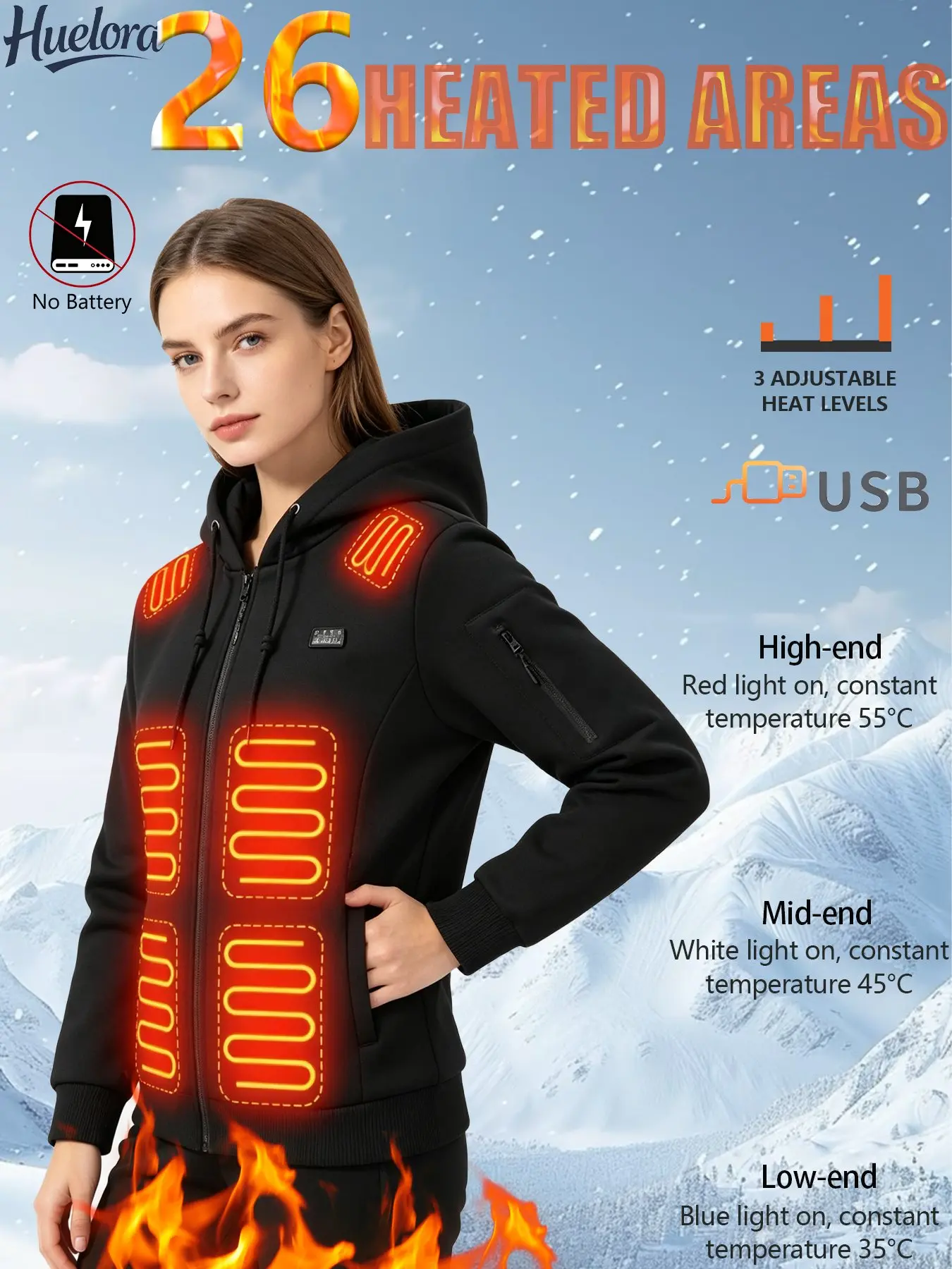 Unisex Winter USB Heated Hoodie, 26 Heating Zones, 4‑Way Independent Control 3‑Heat Level Adjustable, for Outdoor Sports Skiing