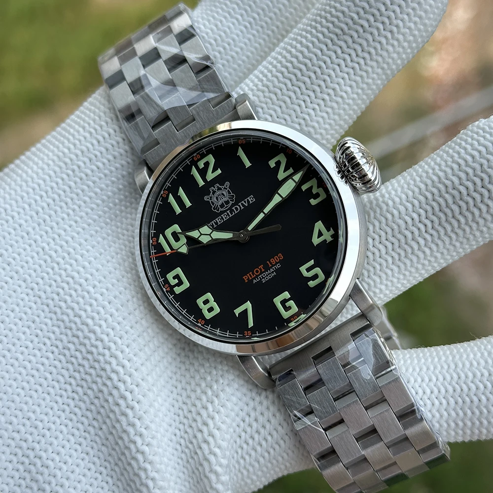 STEELDIVE Men Pilot Watch 46.5mm Military Automatic Mechanical Wristwatch Diver 20Bar Waterproof C3 Luminous Sapphire NH35