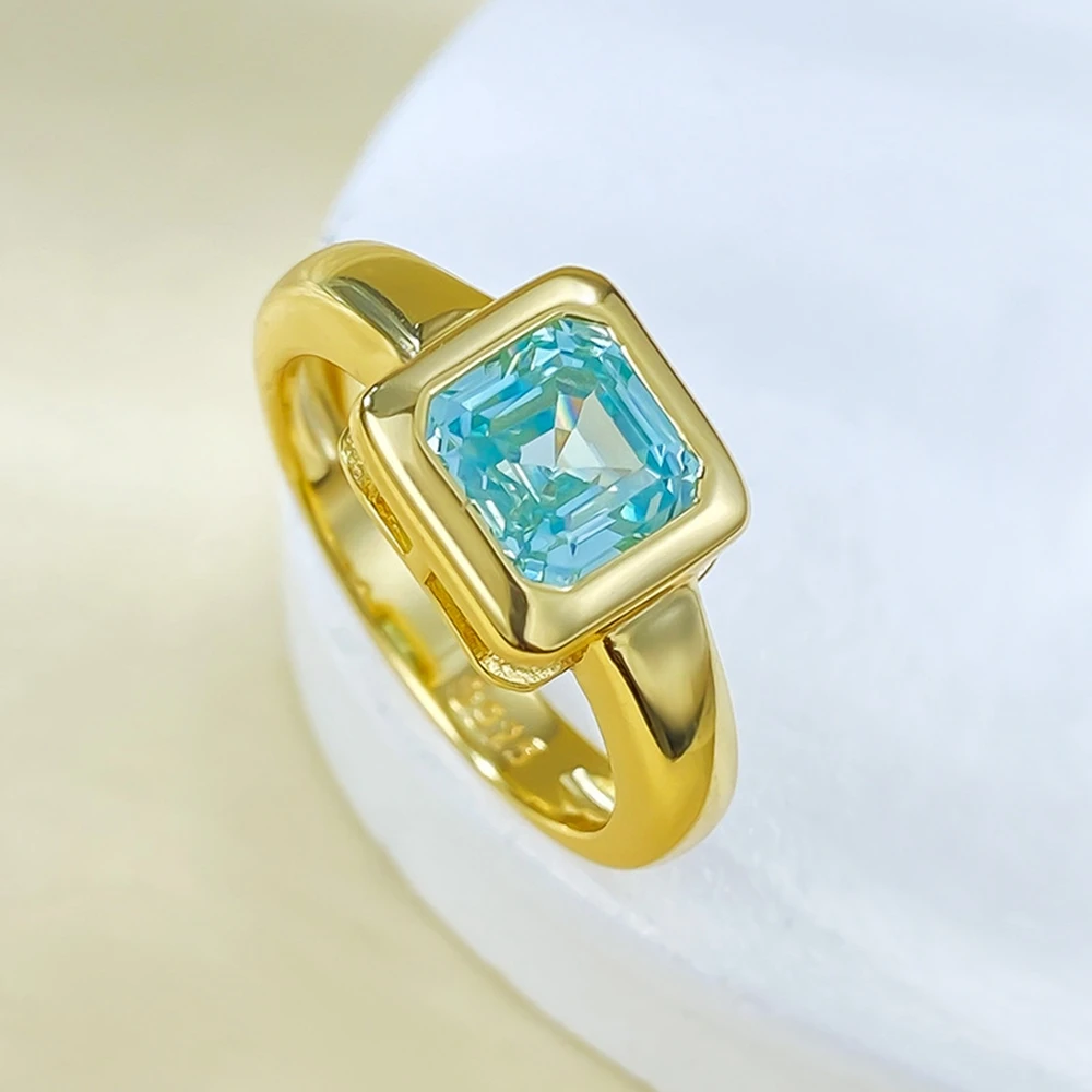 Wong Rain Vintage 18K Gold Plated 925 Sterling Silver Asscher Cut 7*7 MM Aquamarine Gemstone Women Ring Fine Engagement Jewelry