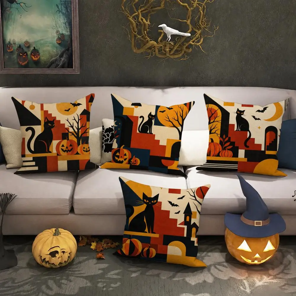 Geometric Cat Halloween Gift Cushion Cover Halloween Rustic Throw Pillow Covers, Cute Ghost Pumpkin Maple Leaf Cushion Covers